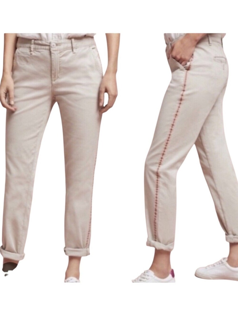 Anthropologie Chino Cream Tuxedo Stripe Tailored Pants Size 28 Casual Cabincore